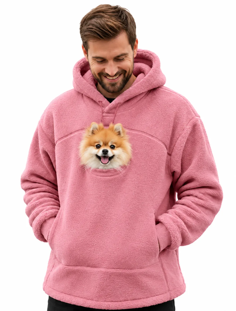 Sweat CuddleCarry coloris Rose, petit chien dans la poche avant