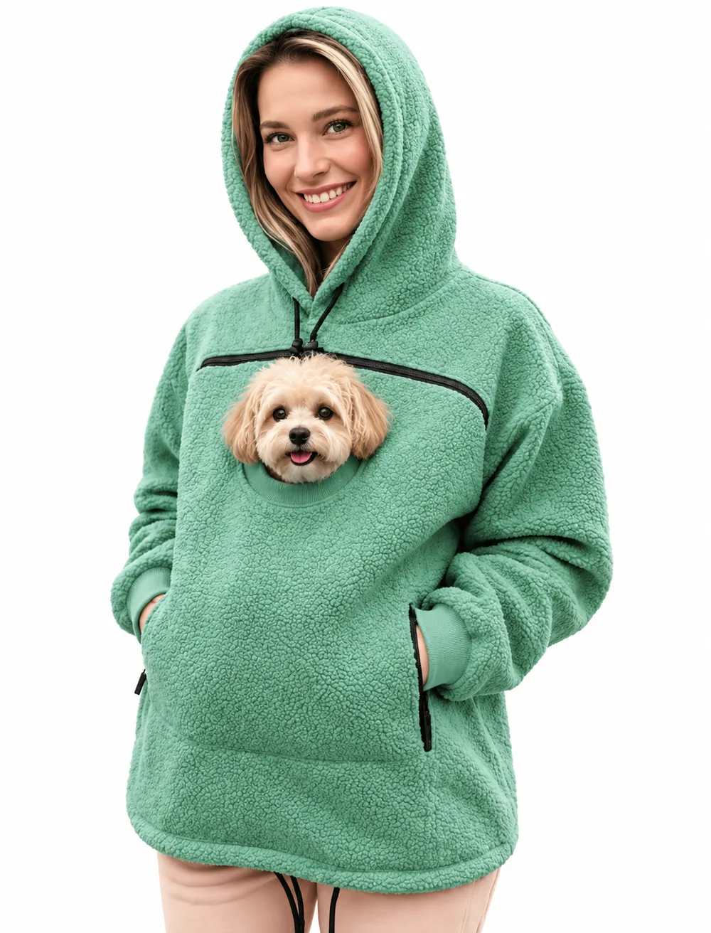 Sweat CuddleCarry coloris Vert, petit chien dans la poche avant